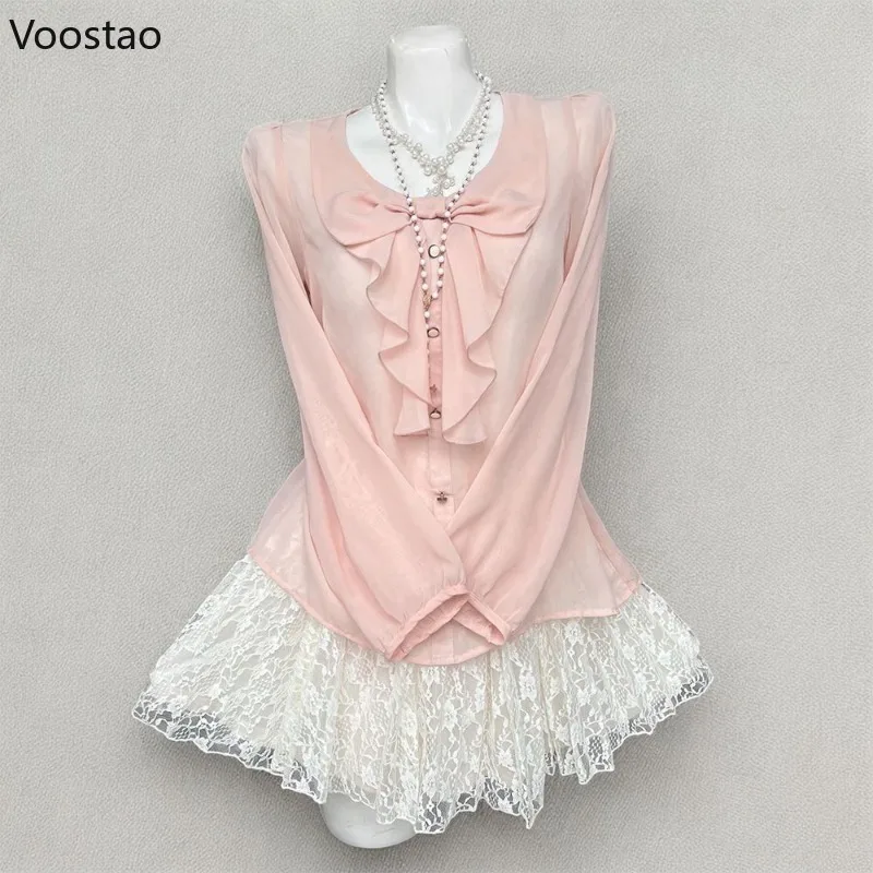 Outono doce lolita estilo 3 peça conjunto feminino kawaii rosa arco babados blusa topos rendas cardigan mini bolo saia feminina y2k outfits