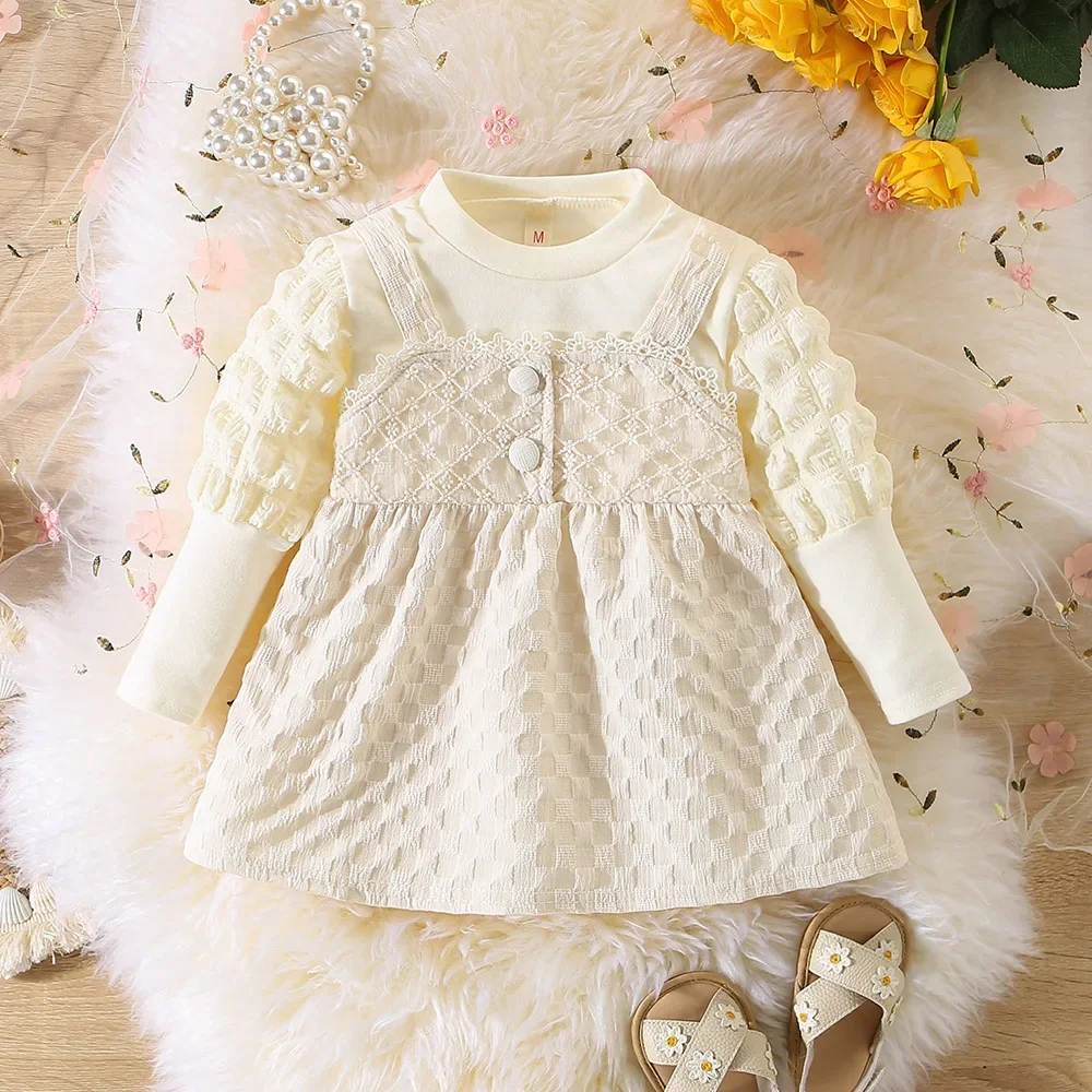 Autumn/winter New Girls\' Dress Fake Two Sets Button Back Lace Flower Plaid Pattern Plaid Sleeves Sweet Princess Dress