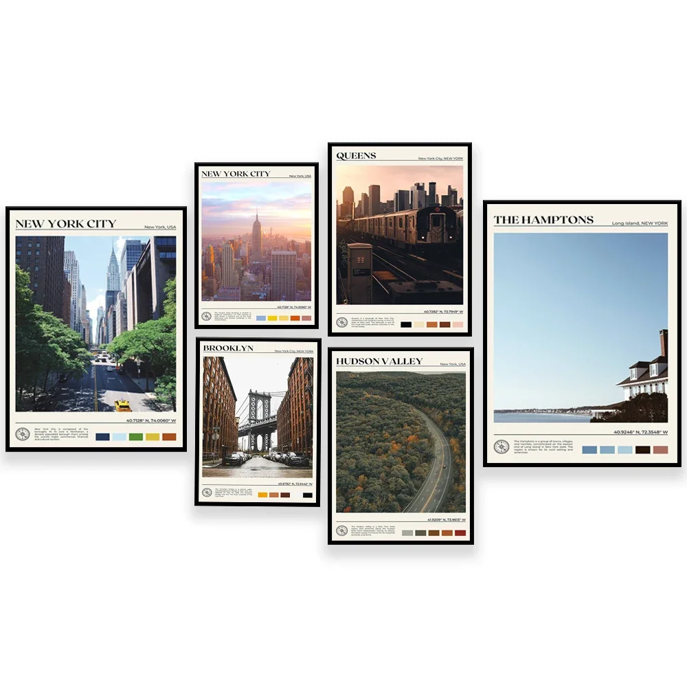 

New York USA travel poster, Fifth Avenue, Brooklyn Bridge, Catskill Mountains, Long Island, Queens, Hudson Valley, Hamptons