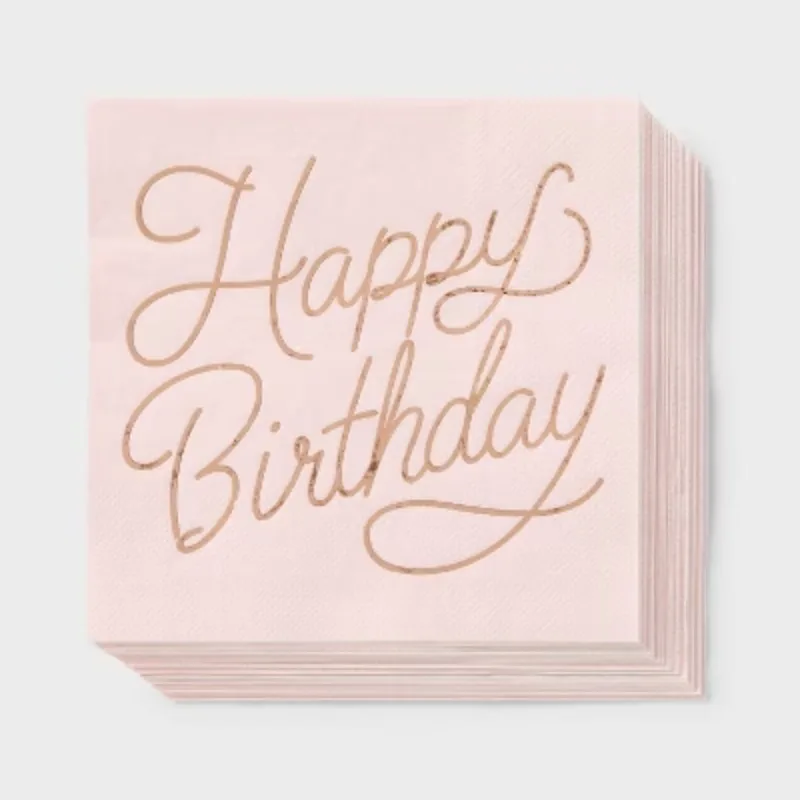 30ct "Happy Birthday" Foil Lunch Napkins Light Pink/Rose Gold