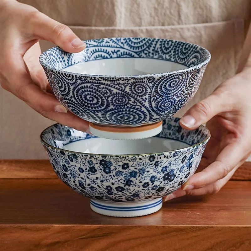 Japanese Mino Ware Sampo Blue Deep Rice Bowl Microwave Safe Large Retro Home Tableware