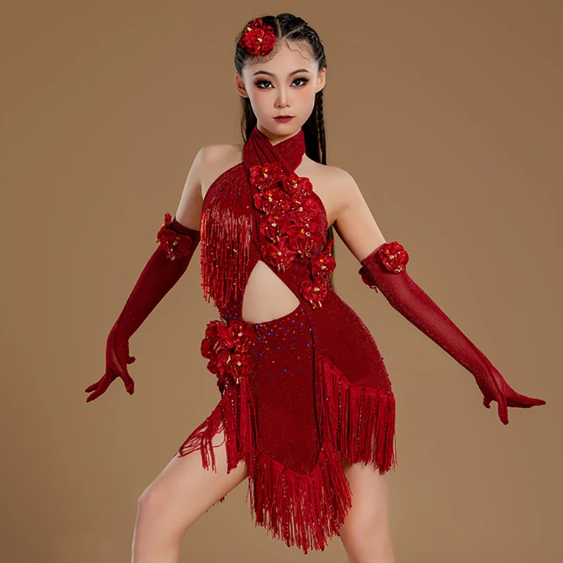 Women Flash Diamond Tassels Dress Latin Dancewear Kids Gilrs 3D Flower Halter Backless Shiny Rumba Chacha Performance Costumes