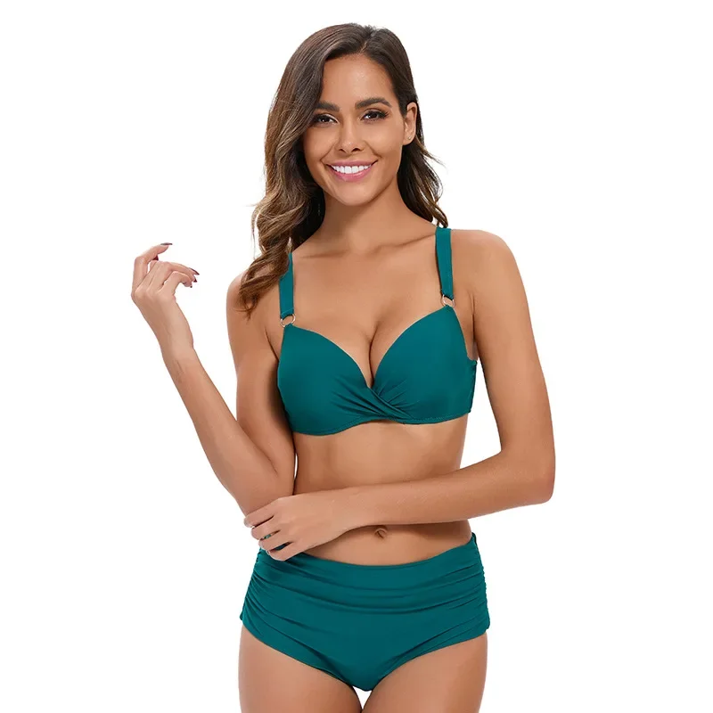 Nouveau Style femmes Sexy couleur unie taille haute Triangle Bikini avec froncé dos nu conception maillots de bain Bikinis ensembles