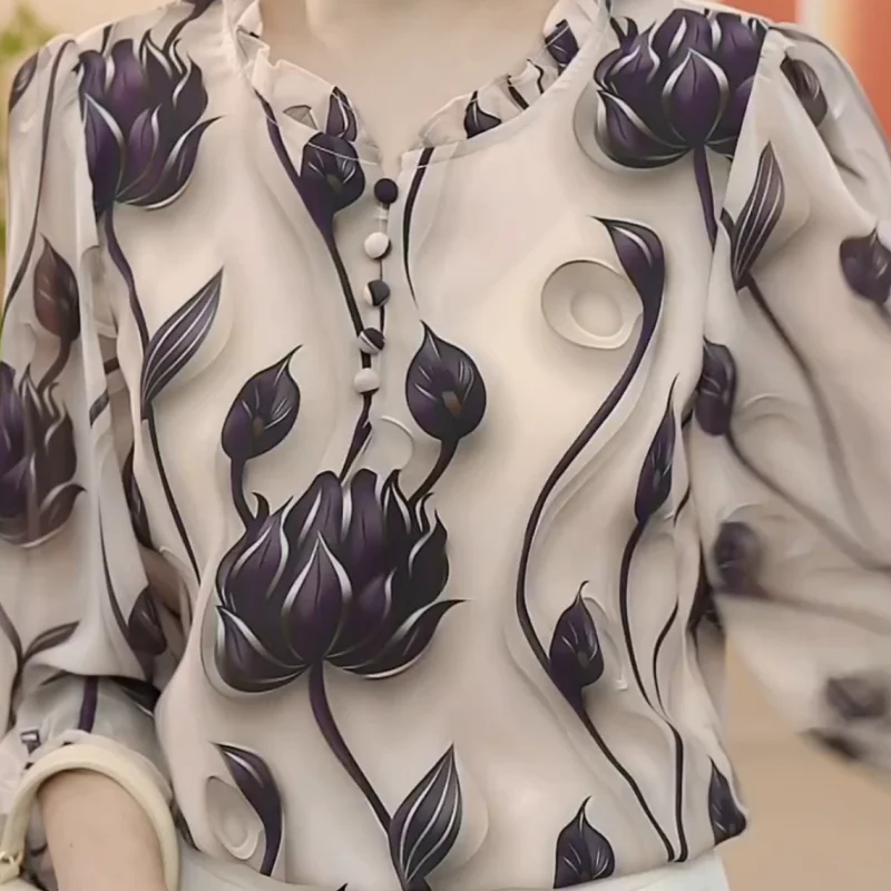 Camicia in Chiffon mamma alla moda di nuovo stile autunnale con stile occidentale sciolto e snellente che riduce l'età delle donne con maniche a sette centesimi