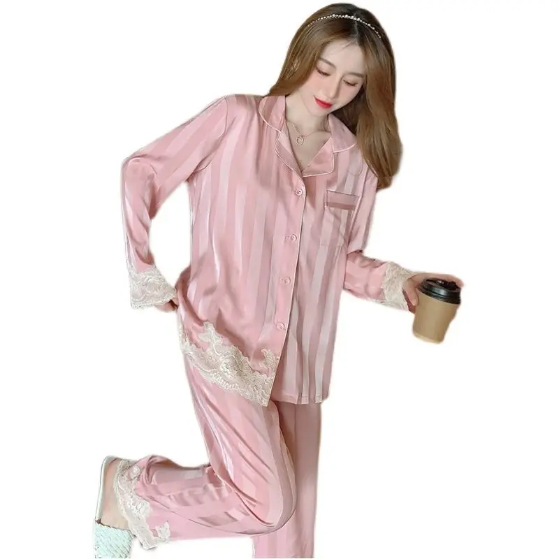 Silk Pajamas for Women Spring Pijama Ice Silk Long Sleeve and Medium Sleeve Sexy Sleepwear Stripe Lace Splicing Fashion 2pcs