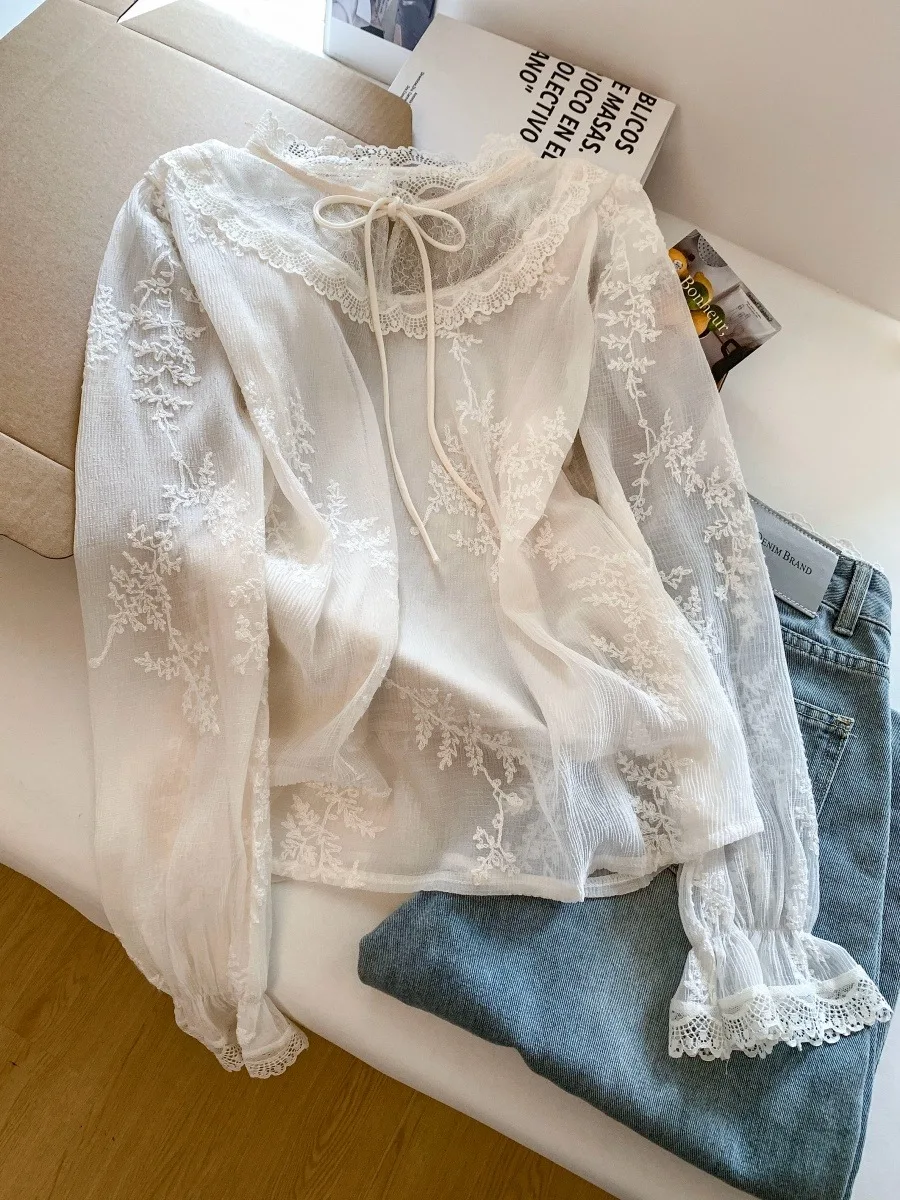 

Elegant Lace Base Shirt Women's Spring Summer Thin Semi-Transparent Beautiful Small Shirt Heavy Embroidery Top Ladies' Fashion