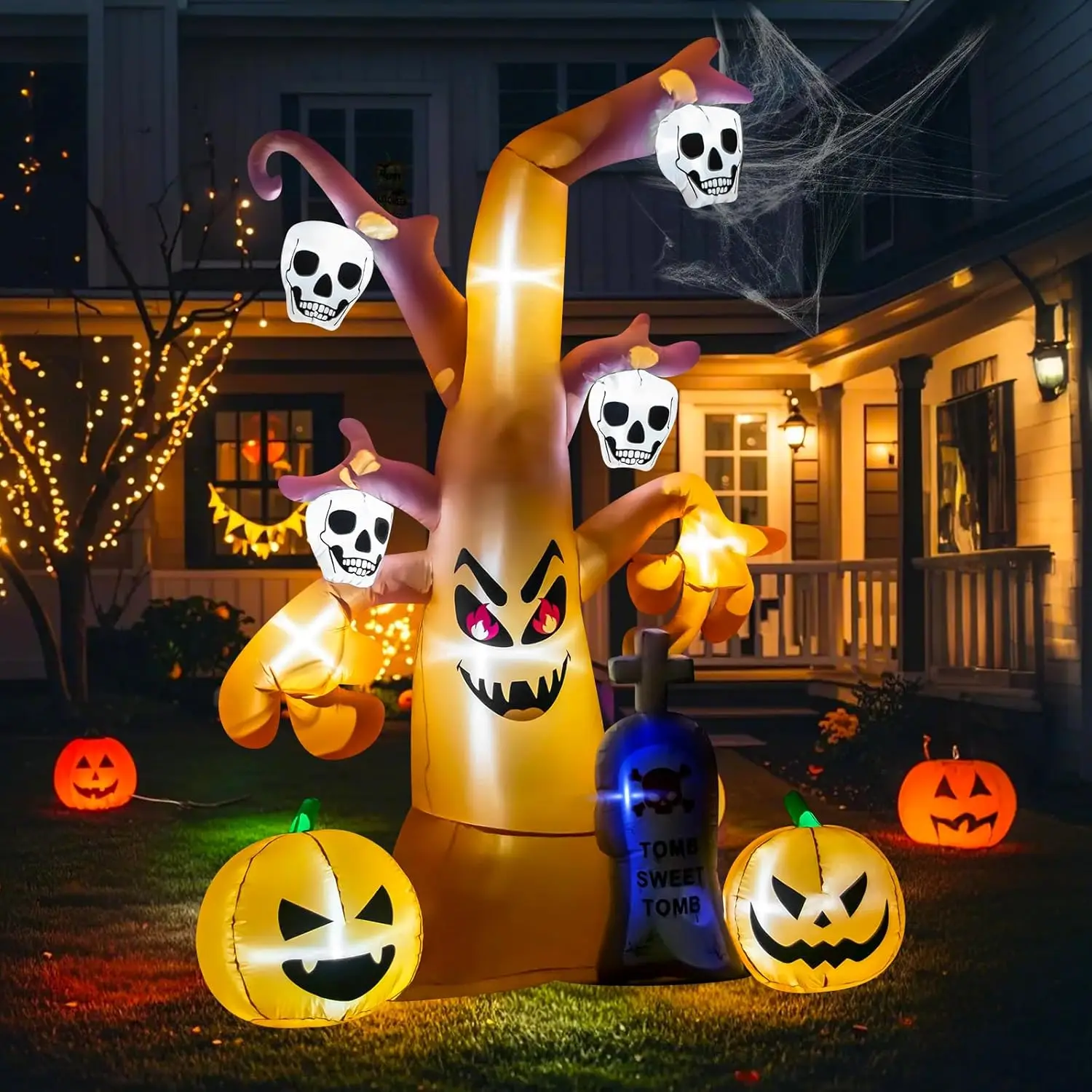 

8FT Tall Halloween Inflatables Dead Tree with Skulls, Pumpkins, Gravestone, Blow Up Tree Yard Decoration Built-in LED Lights Out