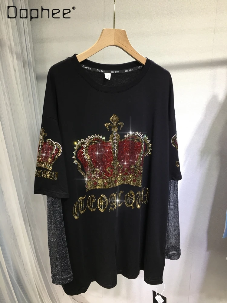 European Goods Hot Drilling Black T-shirt Women 2024 Spring Summer Crown Pattern Round Neck Loose Mid-Length False Two-Piece Top