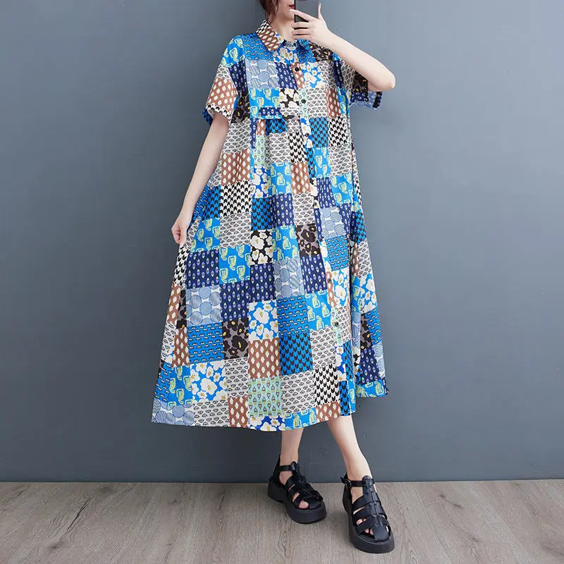 

2023 Summer Art Irregular Print Large Size Shirt Dress Vintage Single Breasted Loose Fashion Slim Style Dresses For Women Z2098