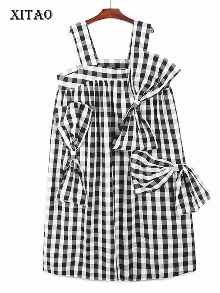 

XITAO Strapless Dress Fashion Bow Small Fresh Pullover Goddess Fan Plaid Goddess Fan Casual Style Summer Loose Dress WLD7014