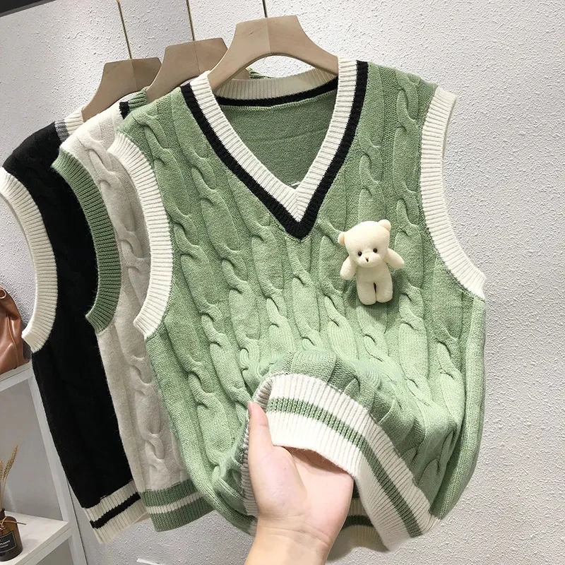 Korean V-neck Bear Accessories Preppy Style Sweater Women Vest New Sleeveless Twist Hit Color Pullover Sweater 2023 Vest Sweater