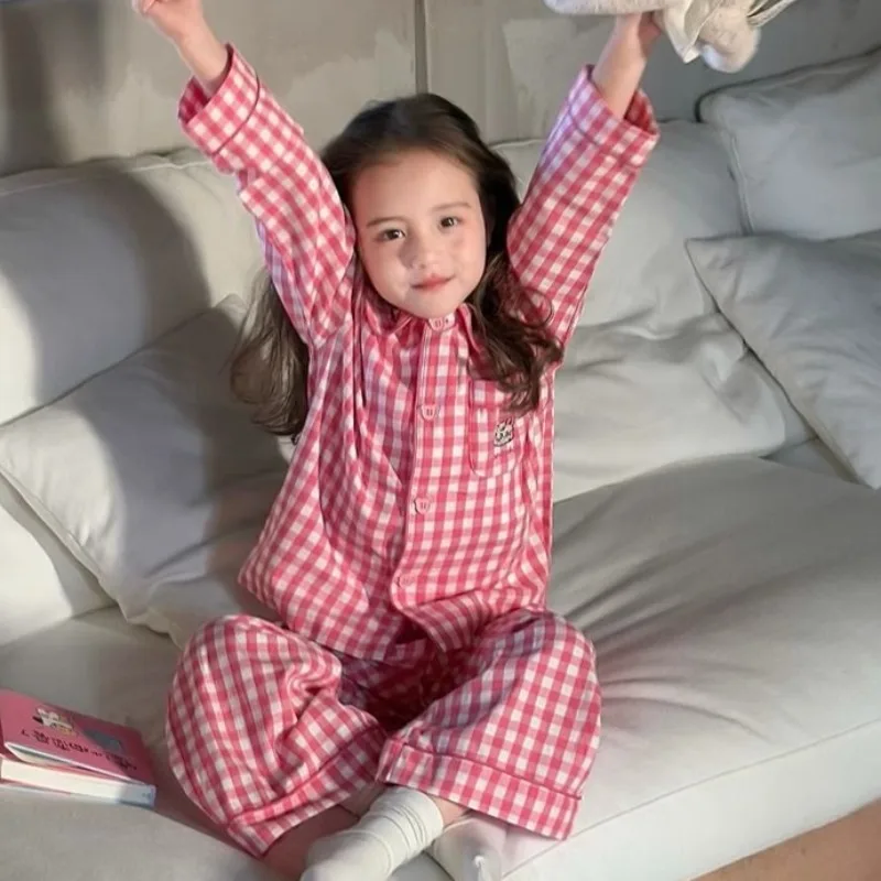 

New Girl's Spring Autumn Stylish Pajamas Cartoon Plaid Long Sleeve Sleepwear Two Piece Set