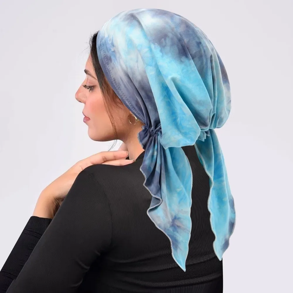 Nowa zakrzywiona damska czapka do włosów z motywem kwiatowym, dwuzwiewna, barwiona metodą tie-dye, prosta, lekka, oddychająca czapka chemo, turban dla muzułmanek.