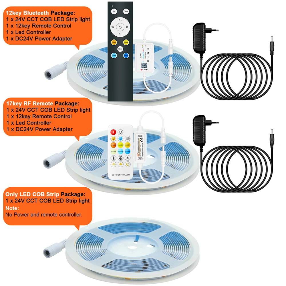 Smart CCT COB LED Strip Light Power Adapter EU/US/UK/AU Plug Kit with Bluetooth RF Remote Dimmable 2700K to 6500K 24V Flex Tape