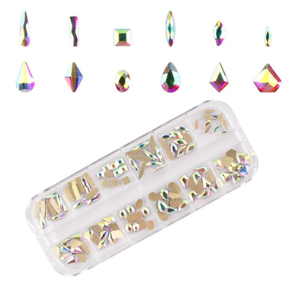AA20-Nail Art Set Irregular Crystal Diamond Round Rhinestones Flat Bottom Curved Black Tweezer Nipper Wax Dotting Pen Tools