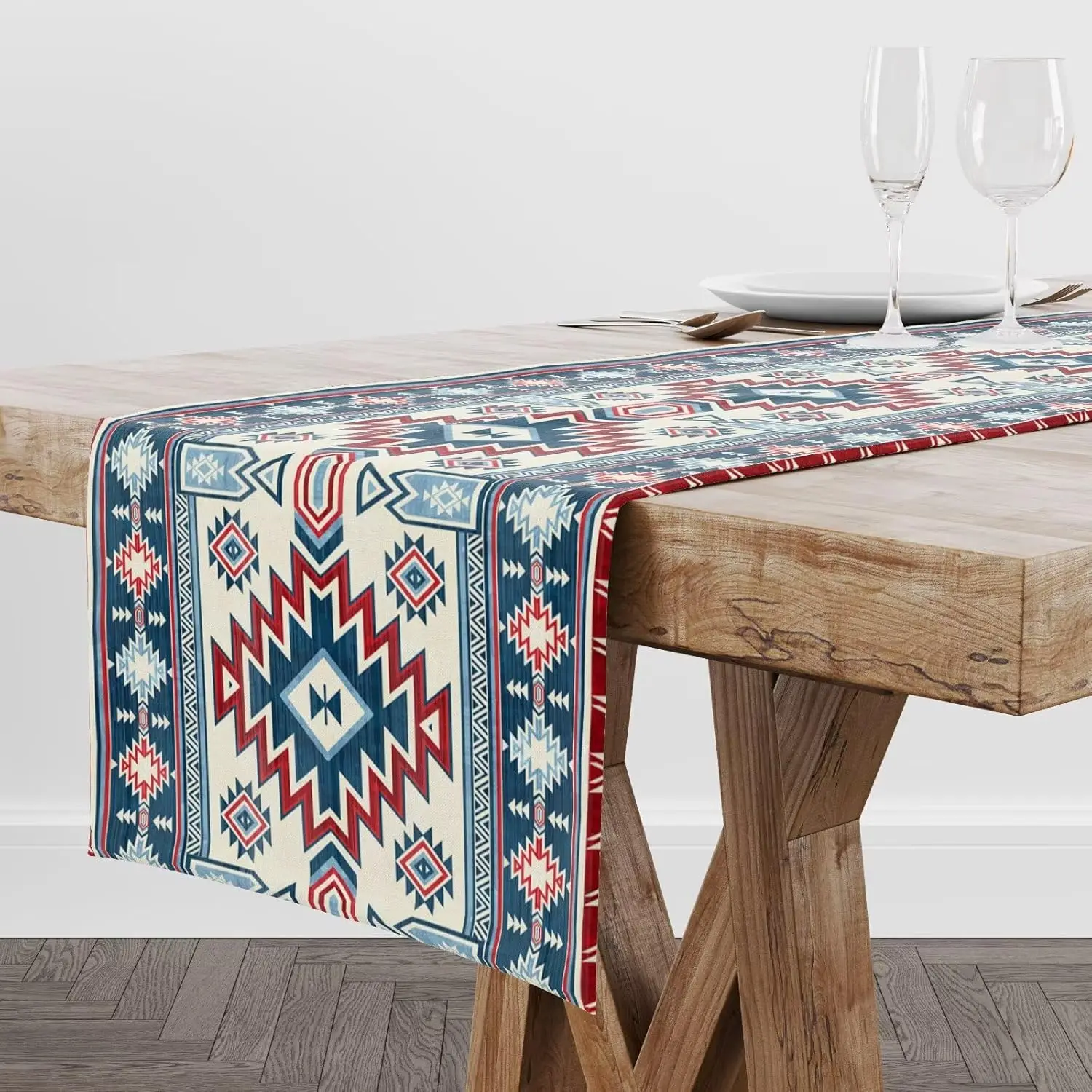 Southwestern Tribal Aztec Linen Table Runner Dresser Scarf Decor Geometric Western Boho Table Runners Kitchen Dining Table Decor