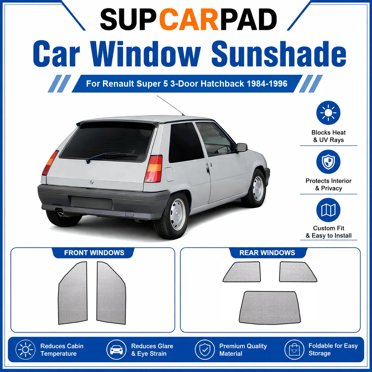 For Renault - Renault Super 5 3-Door Hatchback 1984-1996 Full Set Car Window Sunshades UV Block Privacy Heat Insulated Foldable
