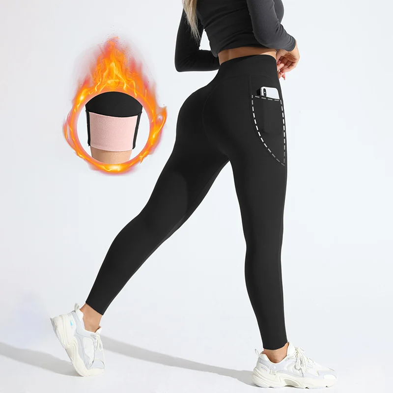 Pantalones de Yoga con bolsillo lateral para mujer, mallas deportivas de entrenamiento para Pilates adelgazantes con sensación desnuda, mallas gruesas de lana para invierno