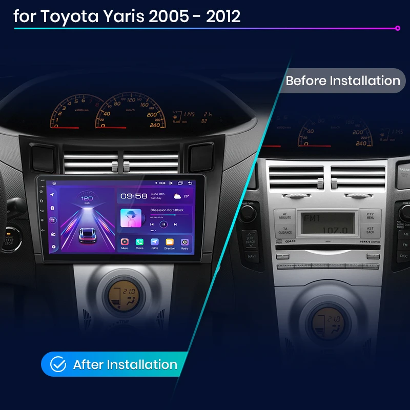 Junsun para Toyota Yaris 2005-2012 9 Pulgadas 4GB 64GB Android 13 Auto Radio GPS Navegación Carplay Radio Coche DSP Bluetooth FM Soporte Control Volante USB AUX Entrada Listo Cámara Retroceso Video 1080P Pantalla Dividida Plug and Play