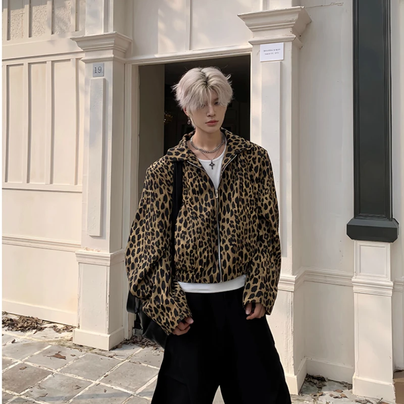 OIMG leopard print design with curved sleeves short jacket men's spring autumn new casual jacket top