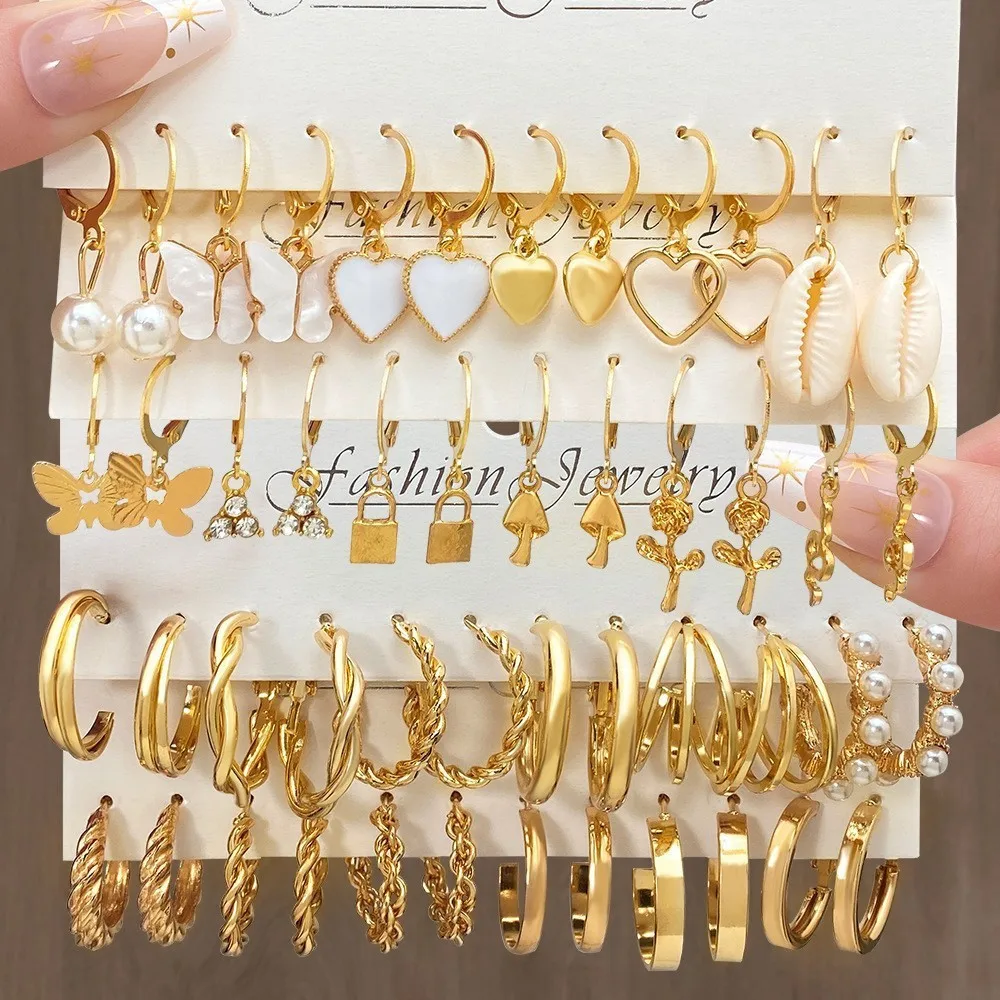 48 Pcs Set Hot Sale Metal Fried Dough Twists Chain Earrings Set Creative Simple Earrings Geometric Earrings