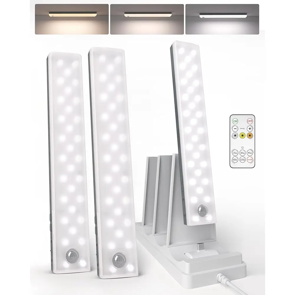 

62 Led Under Cabinet Lighting With Charging Station, Recharge Sensor Lights, 3 Color Temps, Dimmable Wirel Closet Lights