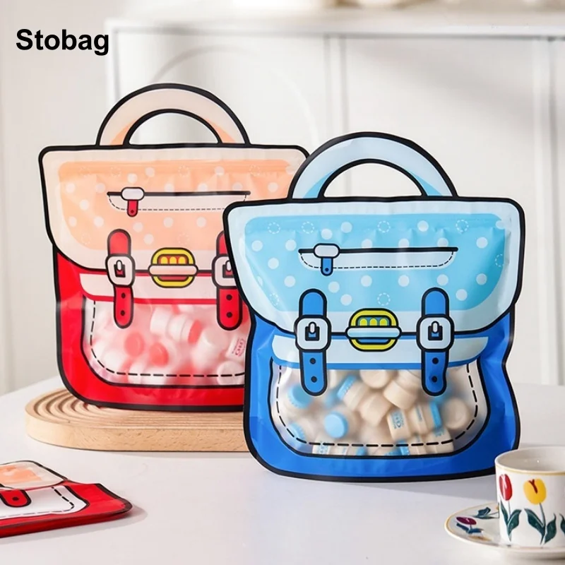 

StoBag 50pcs Candy Snack Packaging Bags Schoolbag Kids with Handle Tote Window Cute Child Cartoon Plastic Sealed Food Storage