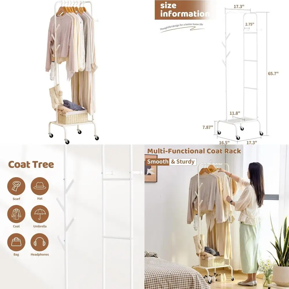 

Компактная металлическая вешалка для одежды с 6 крючками и полкой для хранения - идеально подходит для прихожей, спальни (белая, одноярусная)