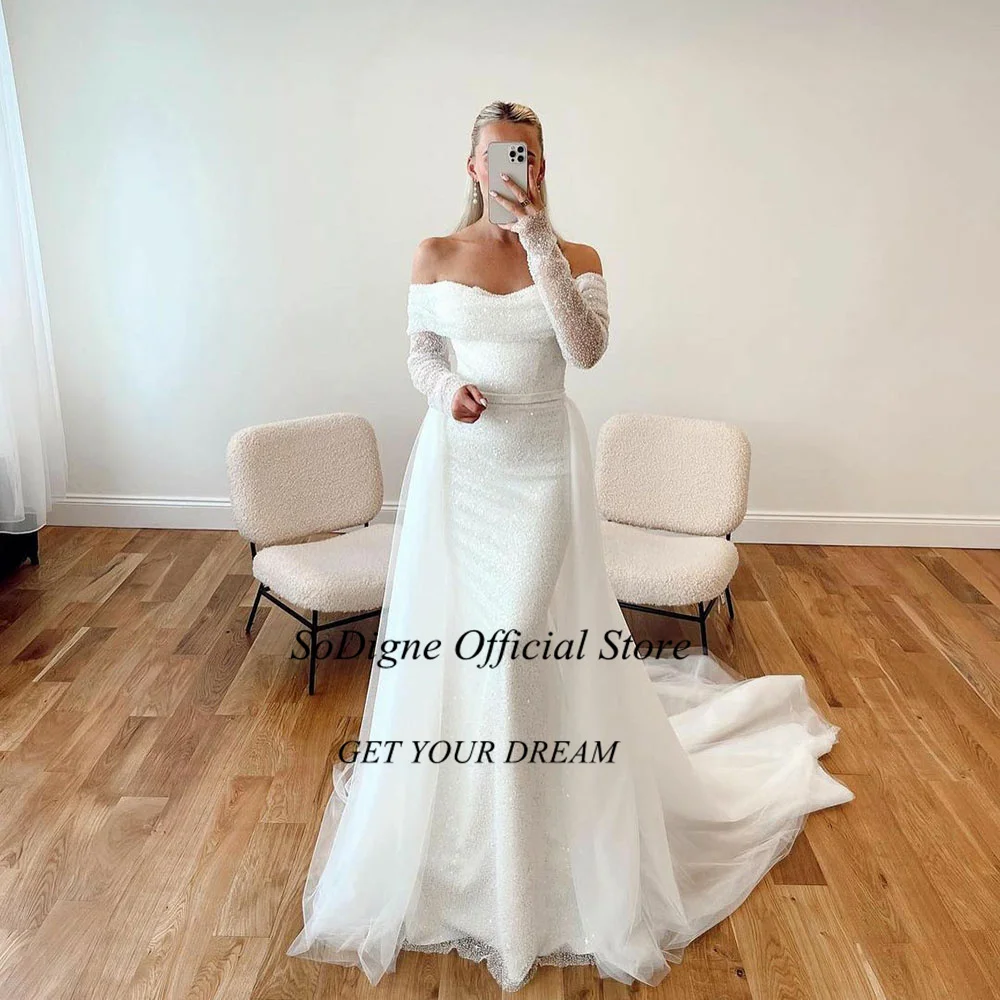 Sodecore abito da sposa moderno Sexy a sirena Glitter lucido Tulle lungo senza maniche per le donne abiti da sposa Vestido De Noiva