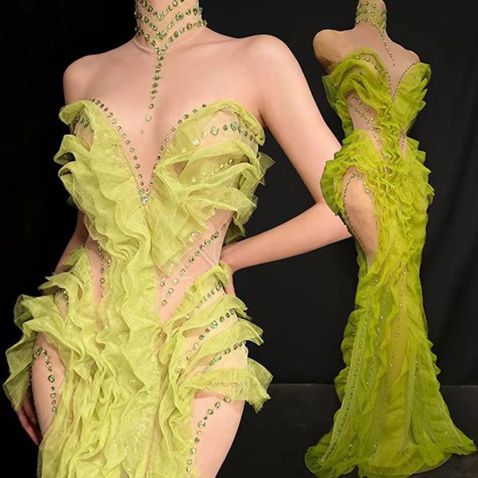 

High Luxury Sexy Sparkle Full Rhinestone green Mesh long Dress Women Sequin Dj Club Party Birthday Drag Queen Dance DS Outfits