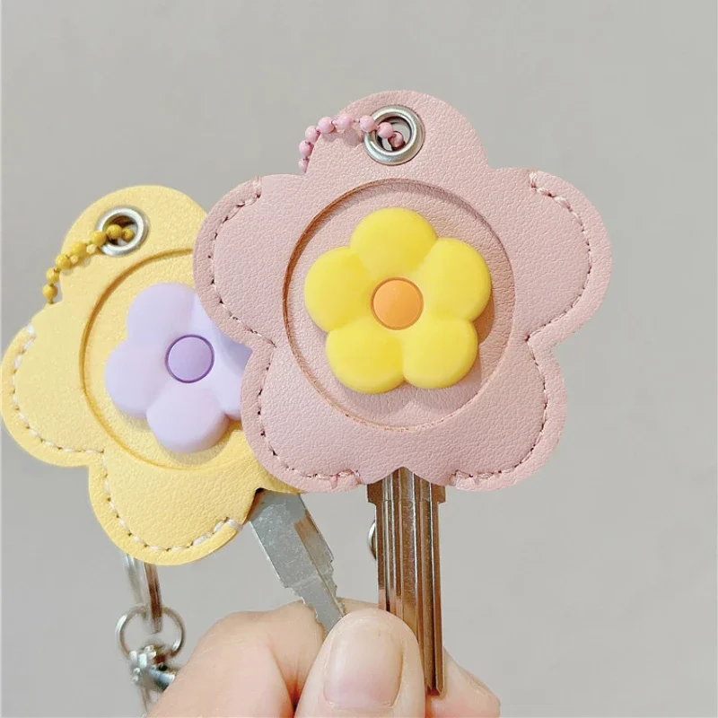 Flower Cartoon Key Cover Cap Key Accessories Pu Access Card Elevator Card Key Holder Key Chain for Girl Women Trinket Gift 2024