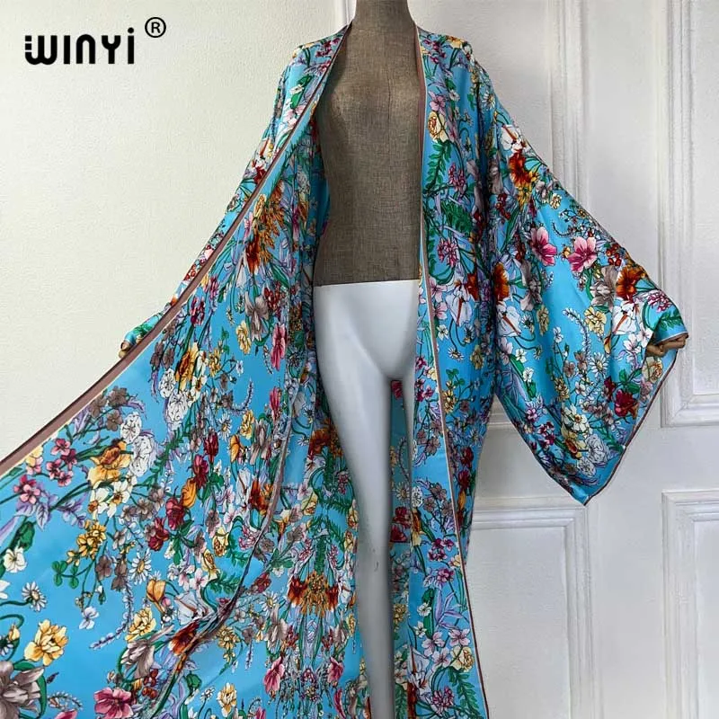 WINYI lato 2024 kimono z kwiatowym nadrukiem okrycie plażowe strój kąpielowy elegancka afrykańska sweter damski boho seksowna wakacyjna sukienka