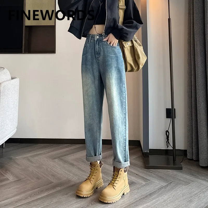 

FINEWORDS 2023 Spring Vintage Blue Boyfriend Jeans Women Korean Casual Harem Jeans Loose High Waist Streetwear Punk Mom Jeans