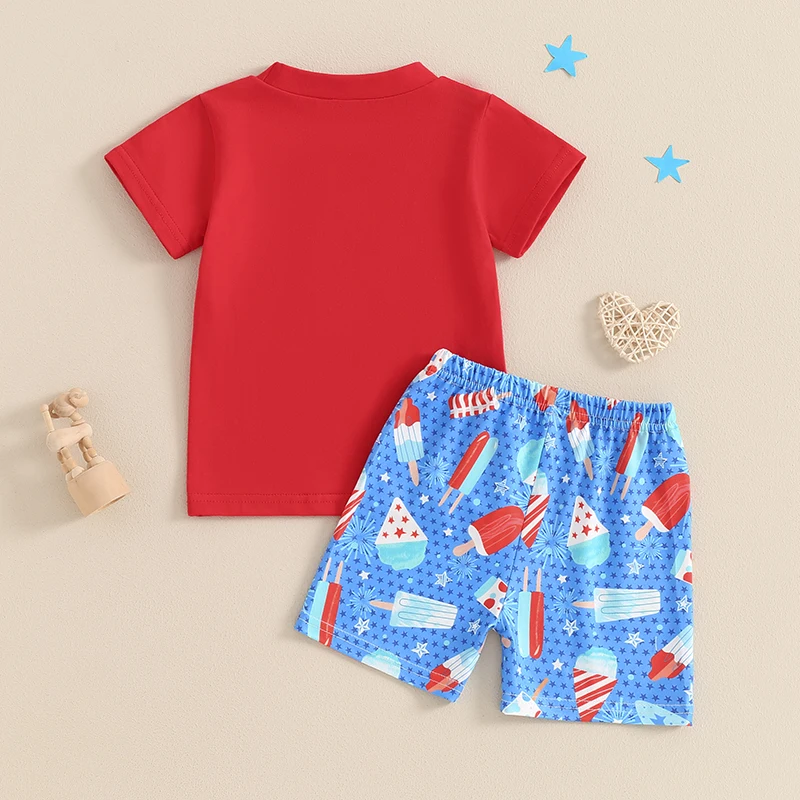 Kids Boys Shorts Set Short Sleeve T-shirt with Popsicle Print Shorts for Independence Day