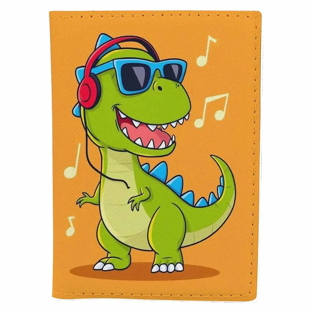 Dinosaur Passport Holder for Travel Musical Dinosaur with Headphones PU Leather Passport Cover Wallet Cute Passport Card Hold