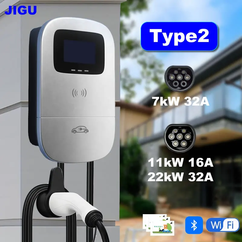 JIGU 7kW 11kW 22kW Type 2 Car Charging Station EV Car Charger 5 meters Type2 Wallbox Support Card Swiping and APP Control