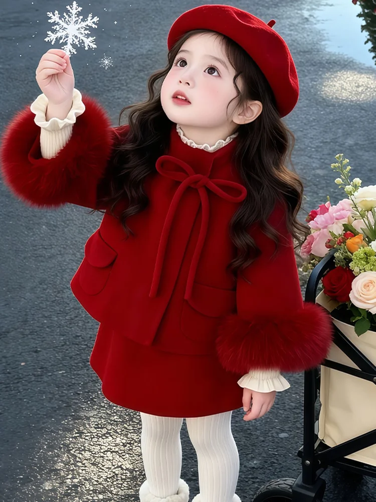 Girls' Festive New Year Outfit Set Winter Warm Woolen Coat And Skirt Two-Piece Set Fashionable Children's Baby Small Fragranc...