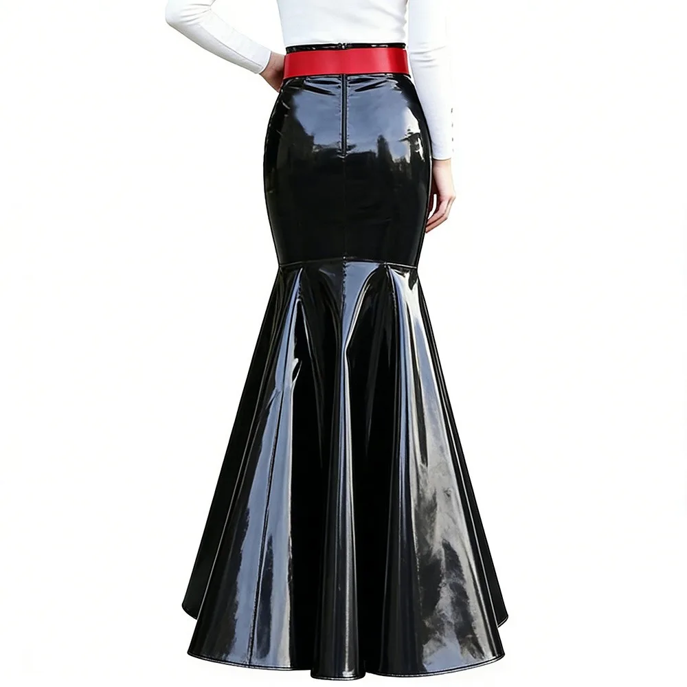 Womens Shiny PVC Mermaid Maxi Skirt Fashion High Waist Bodycon Flared Hem Skirt Wet Look Sheath Long Ruffles Skirts Clubwear