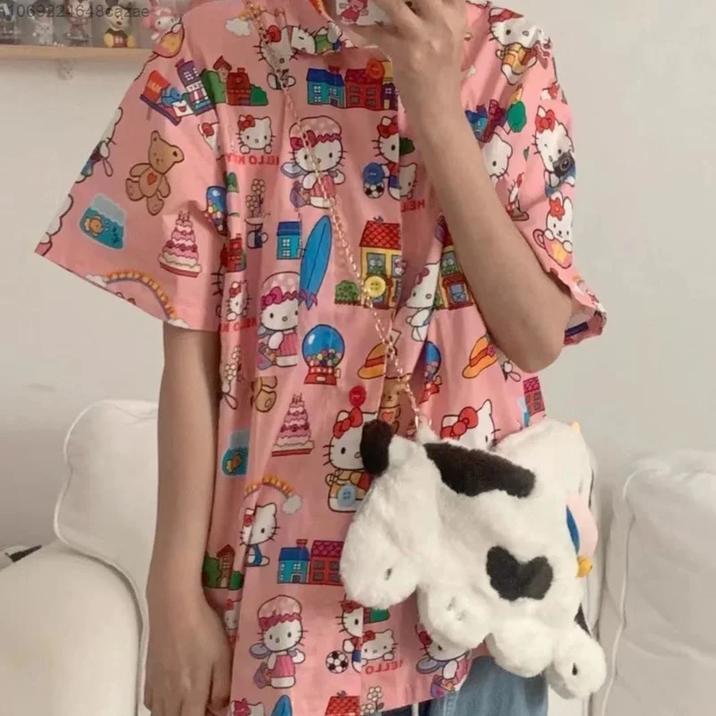 Sanrio Olá Kitty Bonito Impresso Blusa 2022 New Summer Student Rosa Camisa de Manga Curta Y2k Versátil Irmã Retro Tops Para As Mulheres