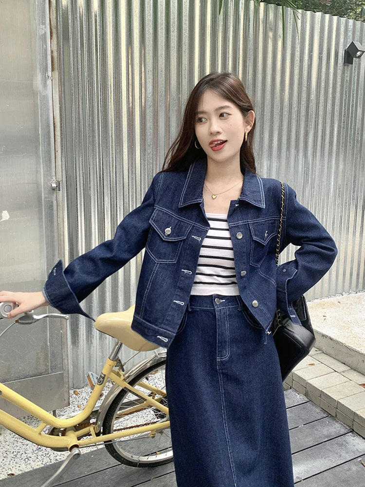 Autumn Winter Denim Two-piece Set For Women Lapel Collar Jacket Tops And Pencil Skirt Female Large Size 3XL Blue Matching Suits