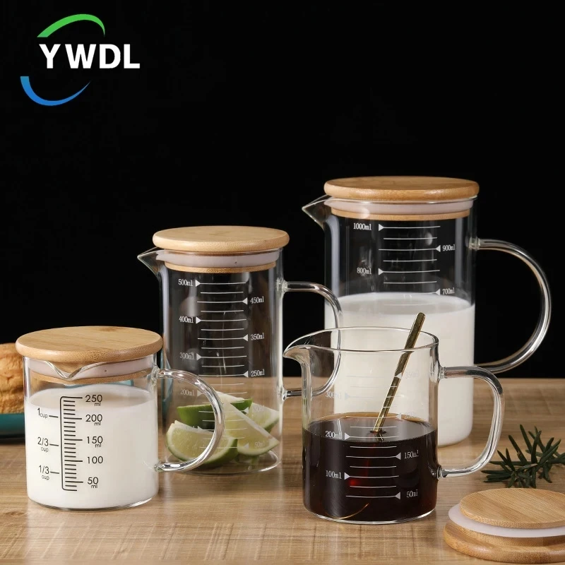 250-1000ml Household Food Grade Glass Measuring Cups Kettle Kitchen Milk Tea with Lid and Handle Laboratory Beaker Measuring Mug