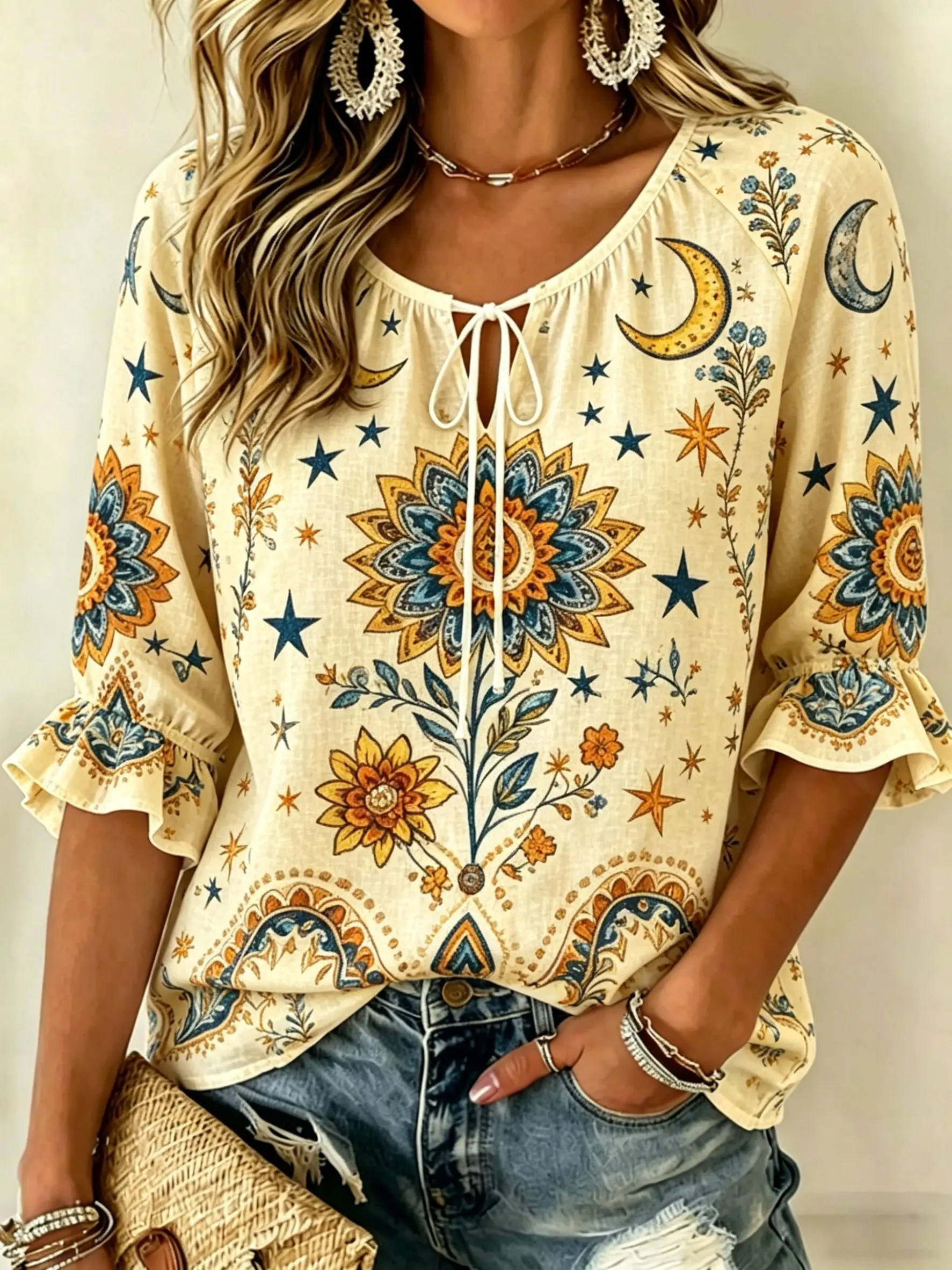 Women's Khaki Vintage Floral Print Tie Neck Blouse, Casual Loose Tops for Spring Summer Daily Wear & Vacation Occasions view 5