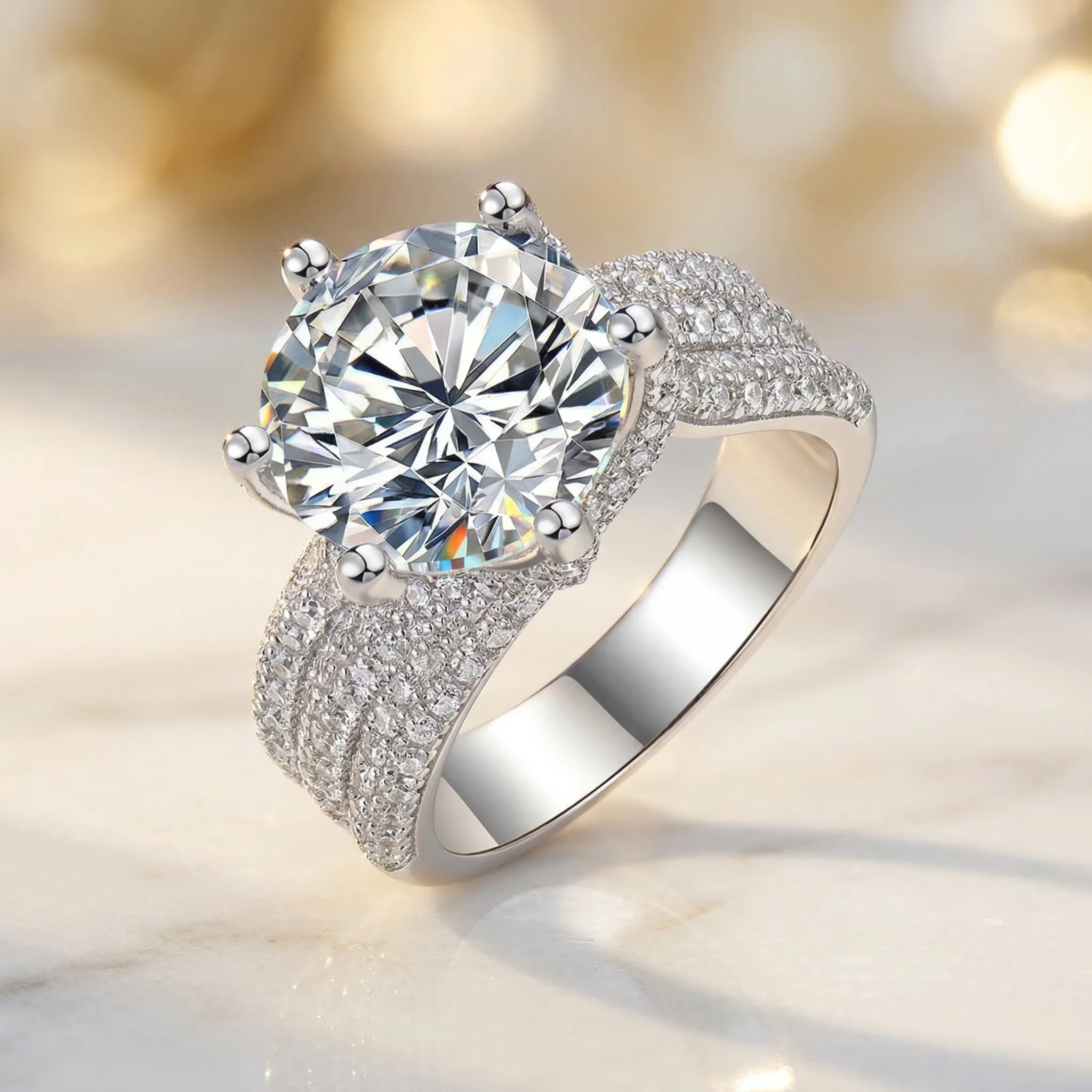 

Обручальное кольцо с 6-зубчатой закрепкой для круглого муассанита, серебро 925 пробы, цвет D, чистота VVS1, трехрядная паве-закрепка, свадебное украшение