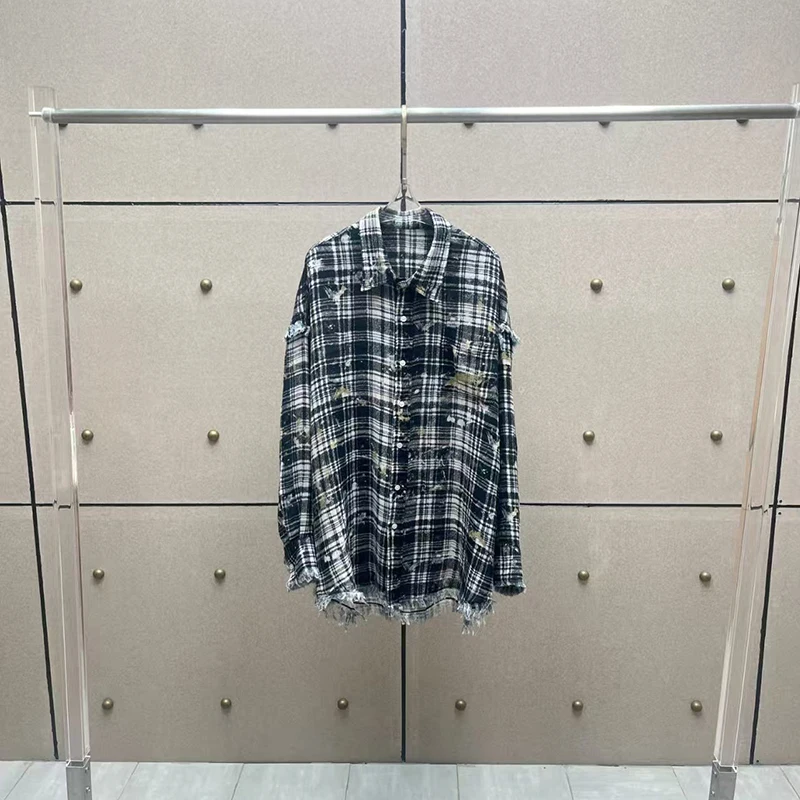 

French vintage washed and aged fringed checkered shirt, loose, casual and versatile long-sleeved top, 2025 Autumn new style
