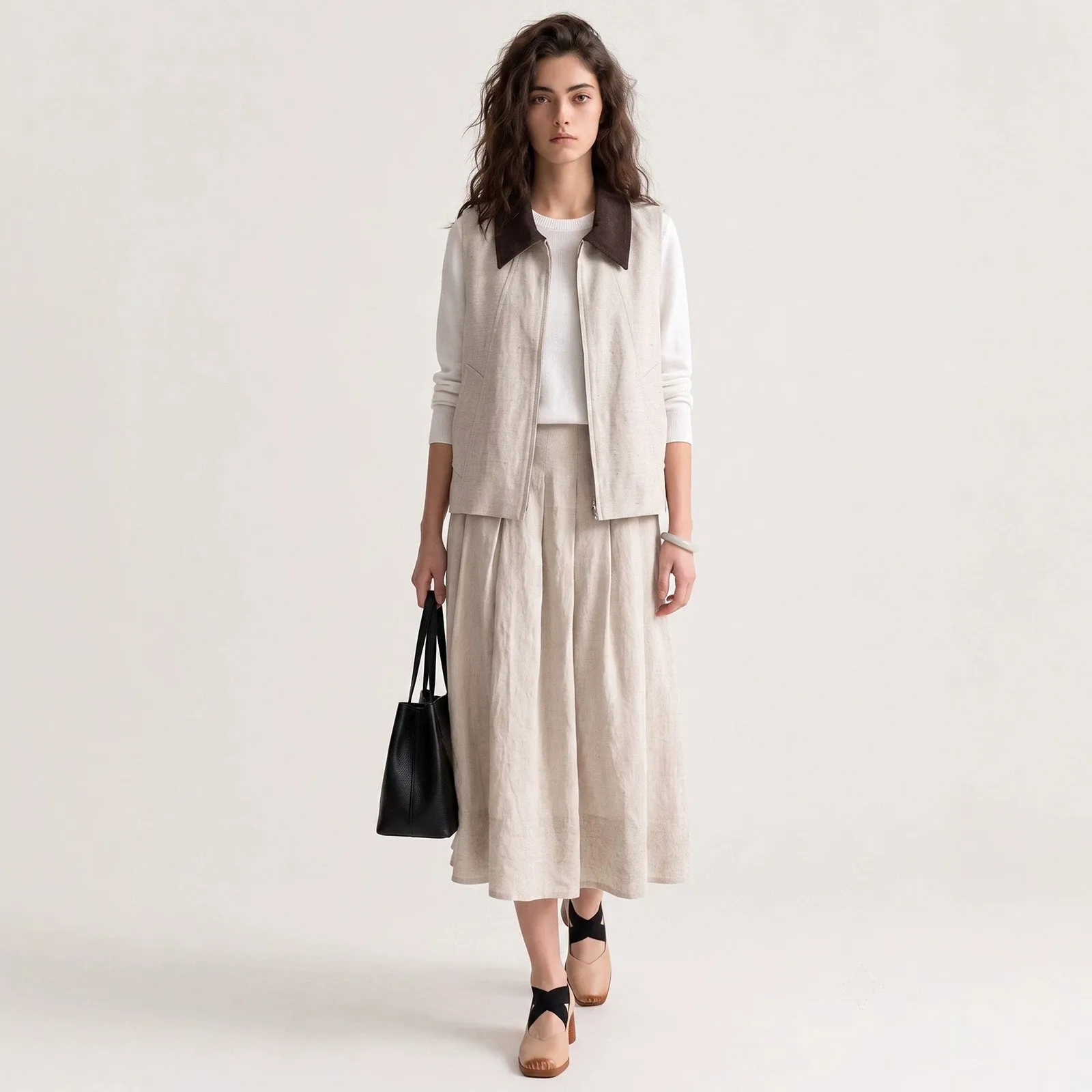 Single Vest Top Regular Length Japanese Korean Casual with Patchwork Lapel Collar Autumn Regular Fit Zipper Closure Women Vest