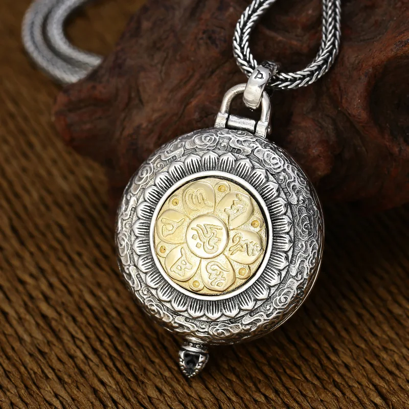 S925 Sterling Silver Yellow Jambhala Pendant Black Color Old Process Openable Unisex Brass Six Words Clouds Fine Jewelry FYNE392