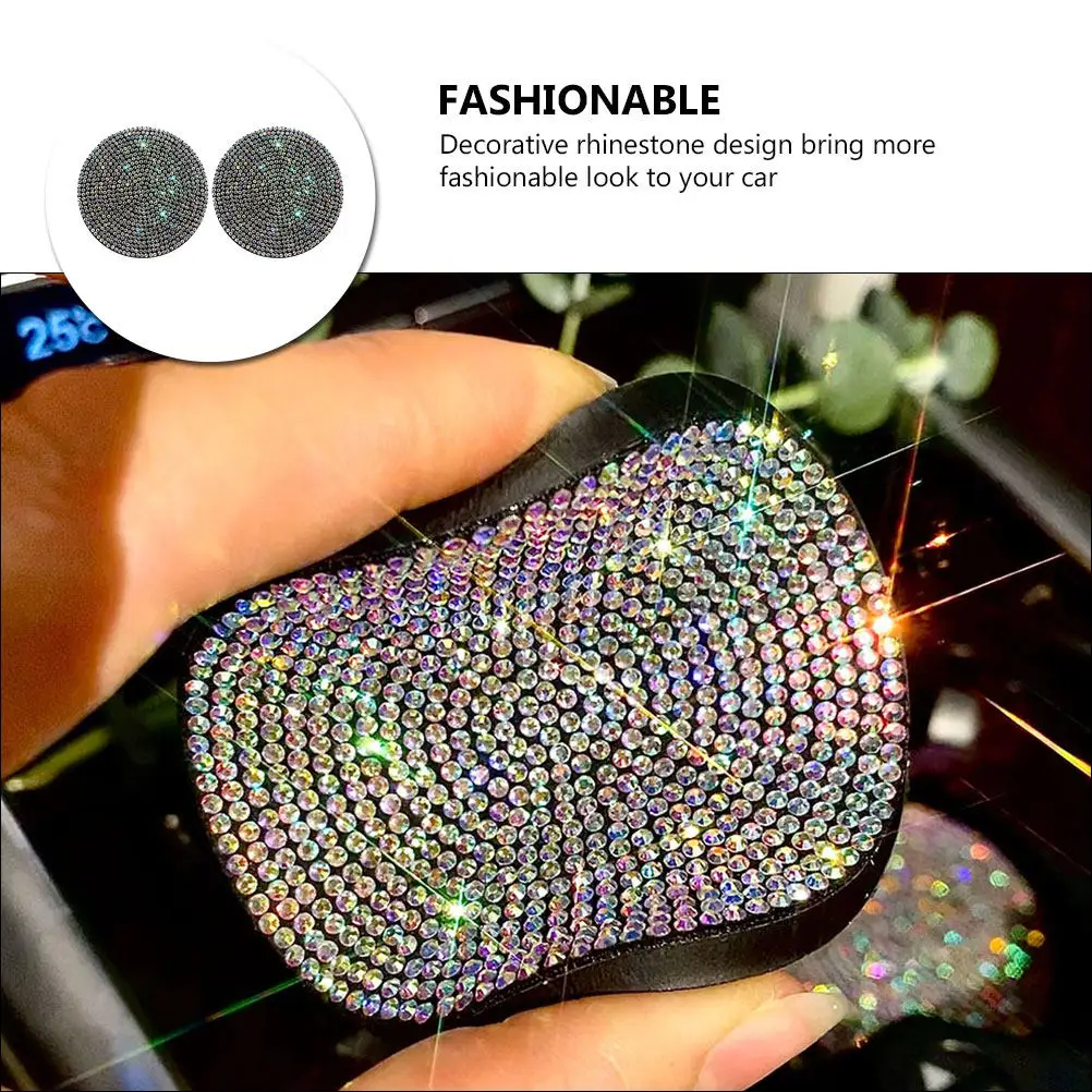 2Pcs PVC Car Coaster Water Cup Holder Non-Slip Round Cup Pads Auto Vehicle Coasters Crystal Rhinestone Car Accessories for Women