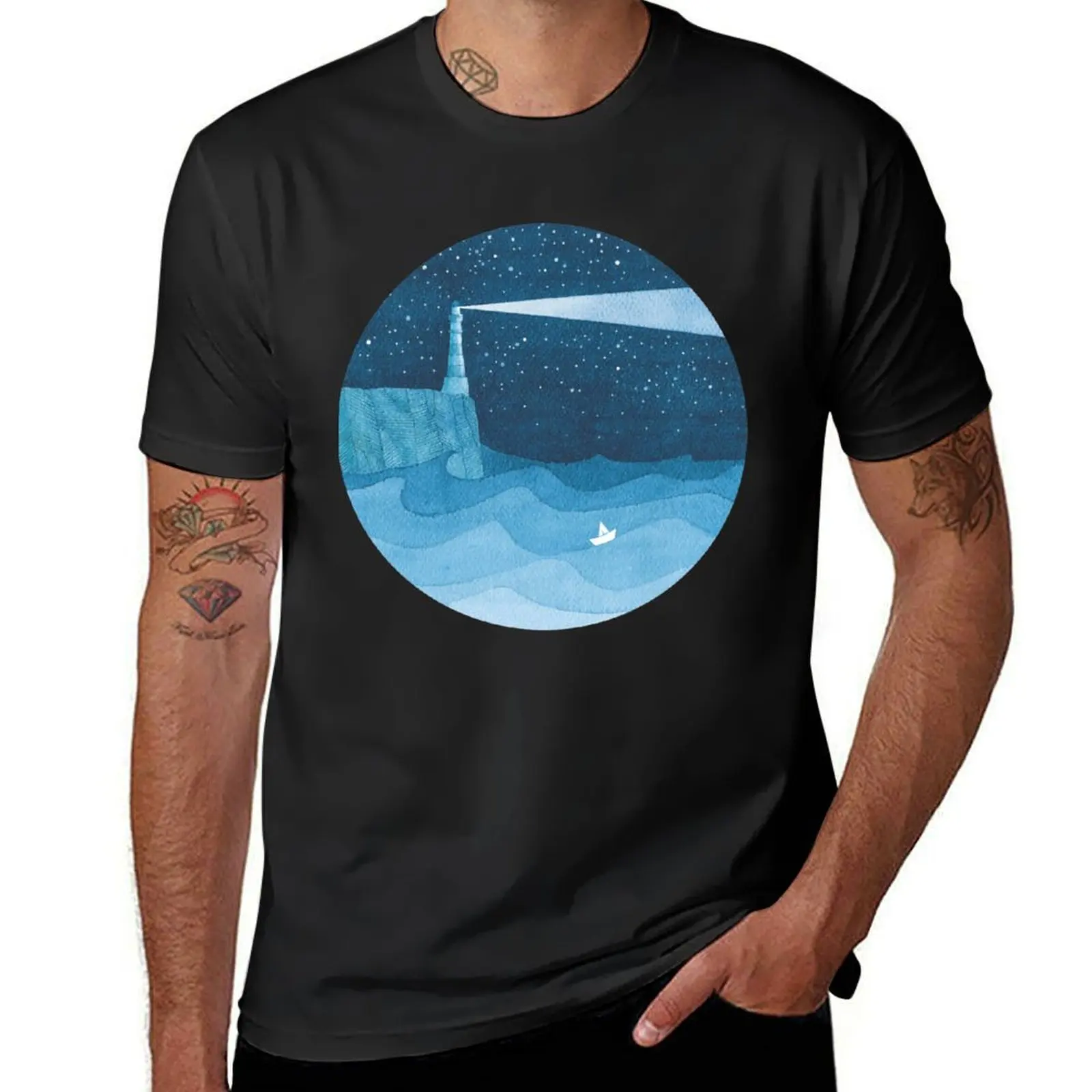 Lighthouse, blue ocean T-Shirt quick-drying new edition blacks mens clothing