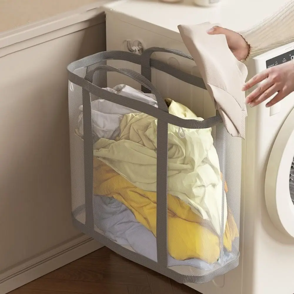 

Wall Mounted Nylon Mesh Laundry Basket Foldable Large Capacity Mesh Laundry Hamper Breathable Space Saving Dirty Clothes Basket