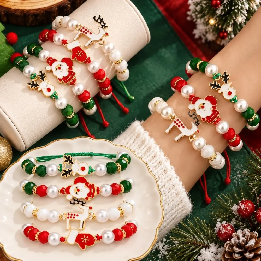 4‑piece set Reindeer Christmas Charm Bracelet Santa Claus Christmas Styled Soft Ceramic Bracelets Imitation Pearl Bracelet Women